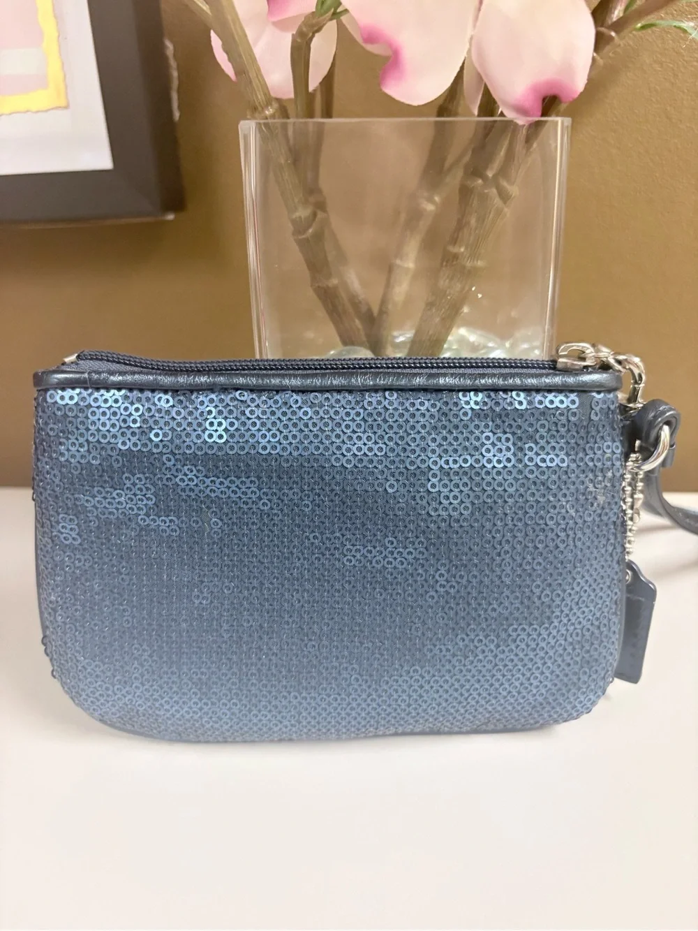 Coach Blue Sequin Wristlet Wallet Leather Strap Limited Edition - EUC